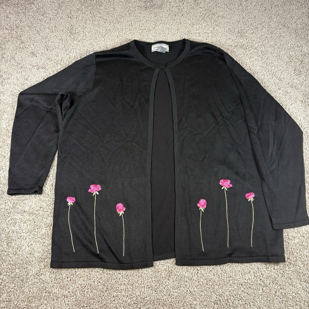 August Max Woman Cardigan Womens 1X Black Floral Embroidered‎ Open Front